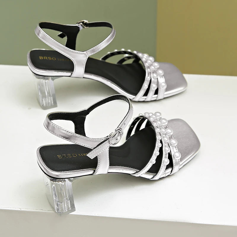 Heels Sandals 6.5cm Women Buckle Leather Summer