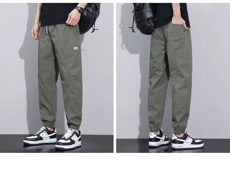 Men's Thin Ice Silk Casual Pants Elastic Waist Cargo Pants