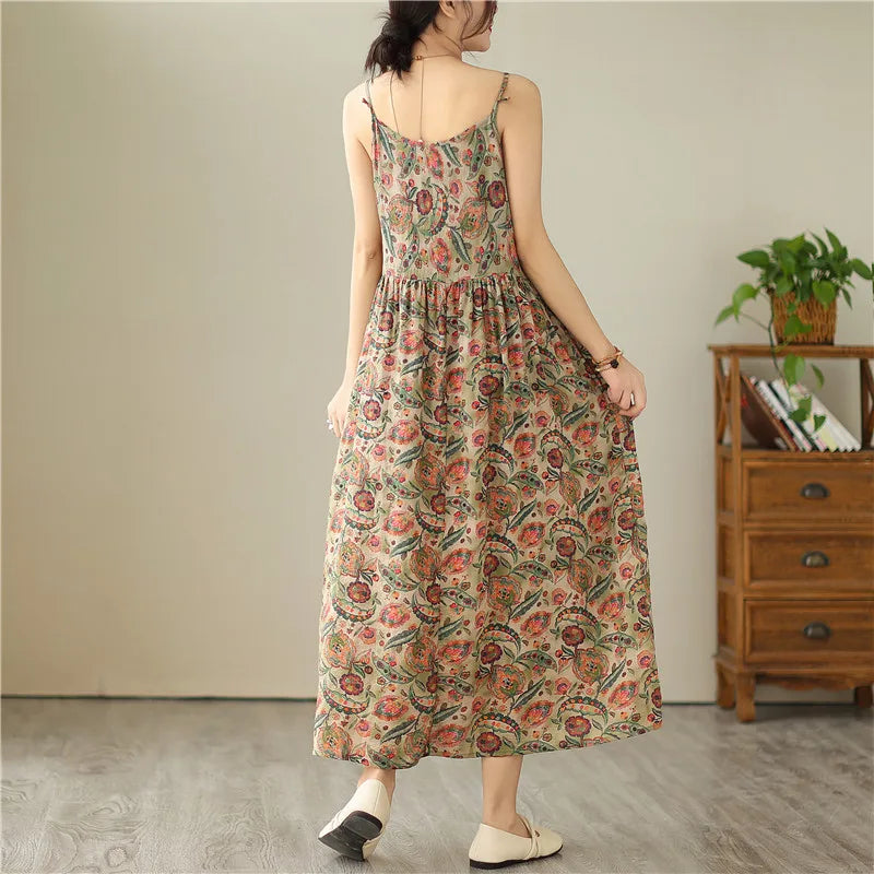 Summer Sleeveless Spaghetti Strap Print Vintage Long Dresses