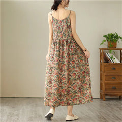 Summer Sleeveless Spaghetti Strap Print Vintage Long Dresses