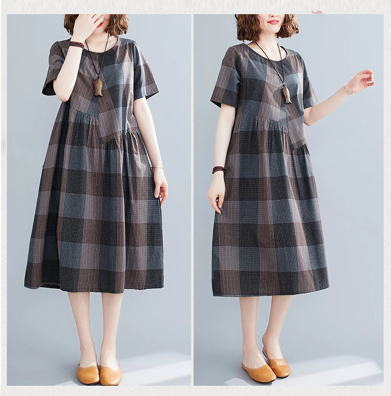 Short Sleeve Summer Plaid Dresses For Women Casual Vintage