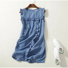 High Waist Sleeveless Mini Soft Jeans Dress Ruffles Casual