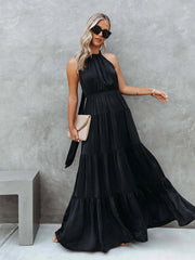 Solid Halter Neck Lace Up Pleated Long Dress