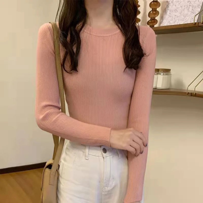 Basic Round Neck Knit Sweater Long-sleeved Solid Color Slim Fit