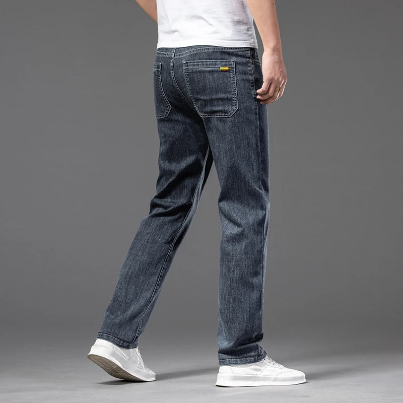 Stretch Loose Jeans Classic Straight Business Casual Elastic Waist Denim Trousers