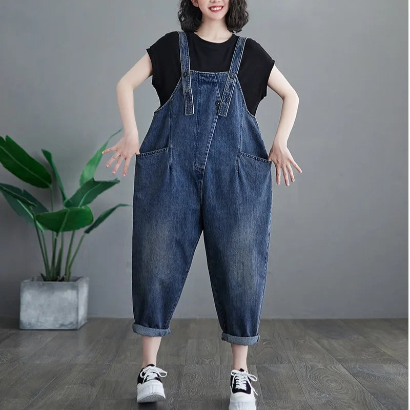 Woman Vintage Solid Color Denim Sleeveless Overalls