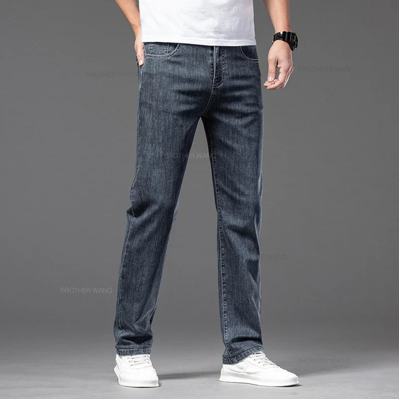 Men's Thin Jeans Elastic Waist Loose Straight Comfortable Casual Denim Pants