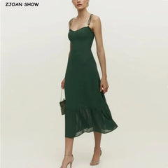 Retro French Wood ears V neck Plain Green Spaghetti Strap Midi Dress