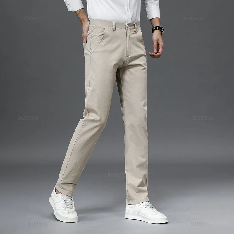 Casual Pants Men Solid Color Business Fashion Straight Slim Fit Trousers