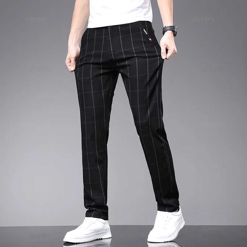 Plaid Work Stretch Pants Men Business Fashion Casual Pant Trousers