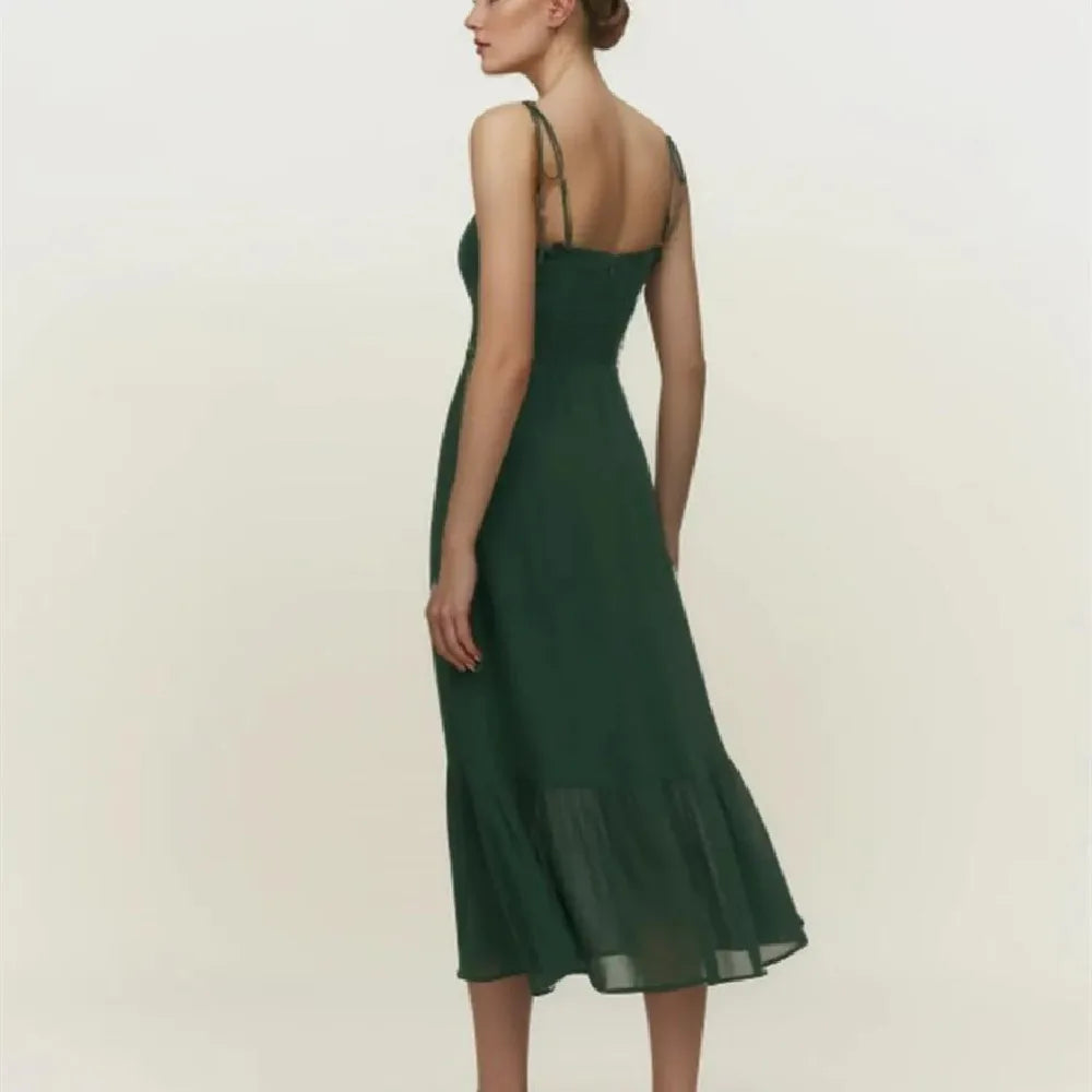 Retro French Wood ears V neck Plain Green Spaghetti Strap Midi Dress