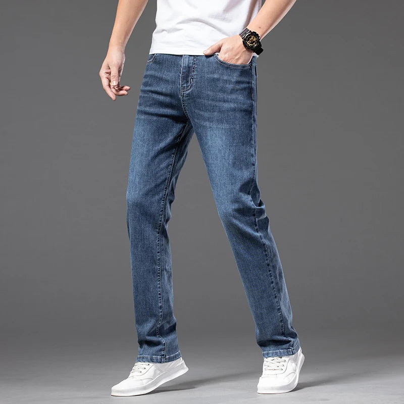 Stretch Loose Jeans Classic Straight Business Casual Elastic Waist Denim Trousers