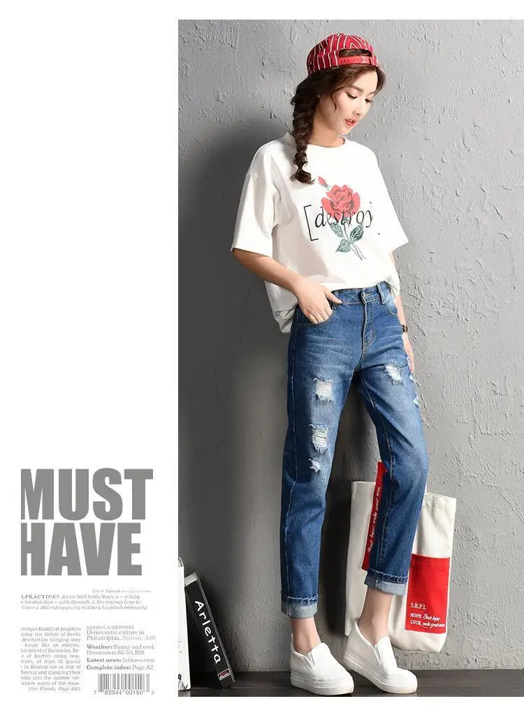 Fashion Mid Waist Boyfriend Big Ripped Hole Casual High Street Denim