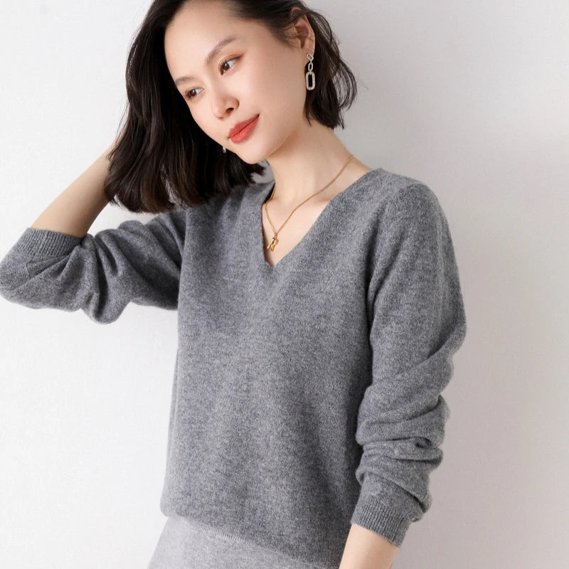 Pure Wool V-Neck Loose Pullover Sweater Basic Style All-Match Knitted