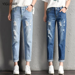 Fashion Mid Waist Boyfriend Big Ripped Hole Casual High Street Denim