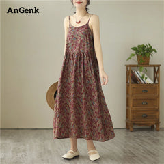 Summer Sleeveless Spaghetti Strap Print Vintage Long Dresses