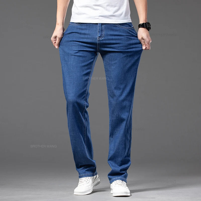 Plus Size Men's Thin Jeans Classic Straight Loose Elastic Denim Pants