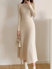 Long Sleeve Party Midi Knitted Half High Collar Knitted Sweater Dresses