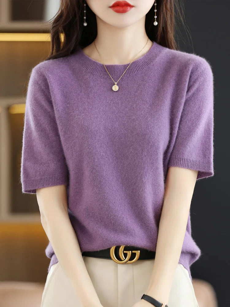 Short-sleeved Knitwear Women O-neck T-shirt Blend Pullover Sweater