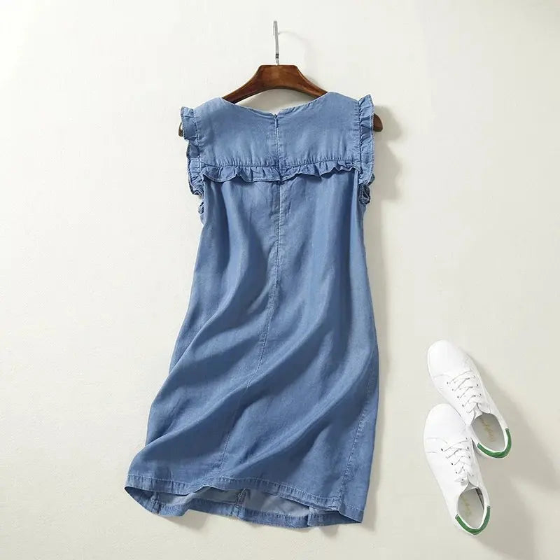 High Waist Sleeveless Mini Soft Jeans Dress Ruffles Casual