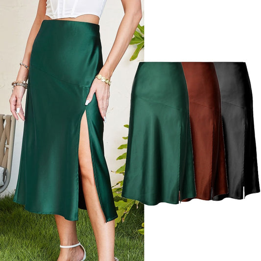 Split Skirts Fashion Soft satin high waist A-line
