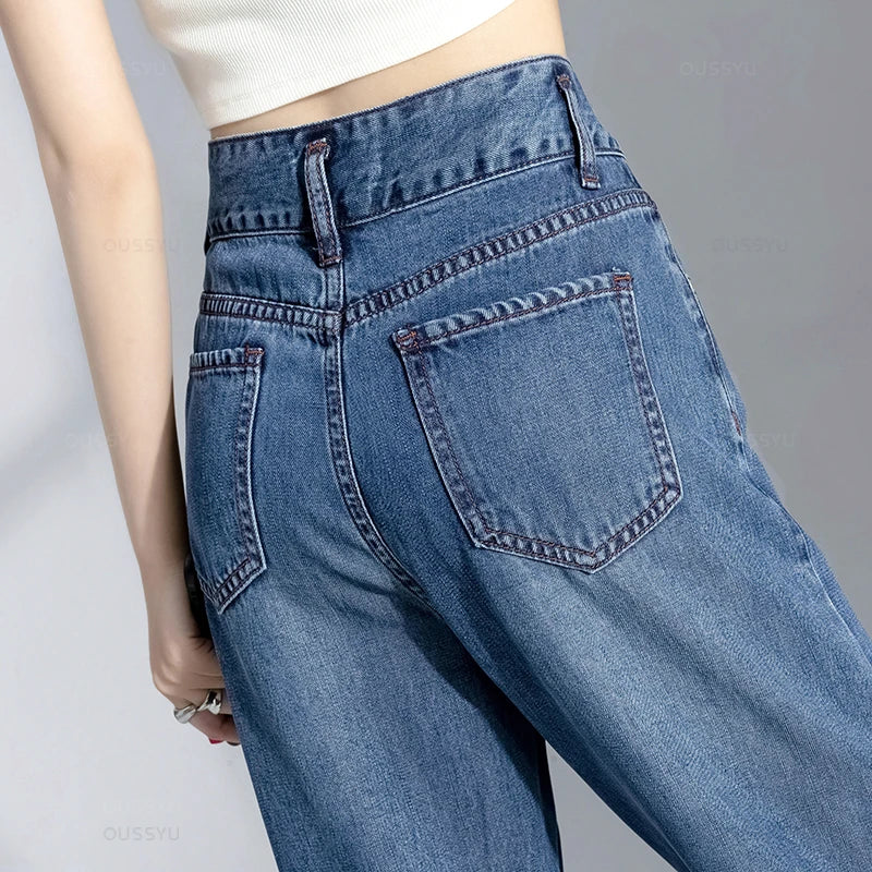 Summer Wide-Leg Jeans High Waist Trousers Loose Straight Pants