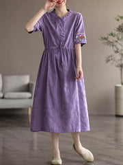 Women Cotton Linen Casual Dress Vintage Style V-neck Floral