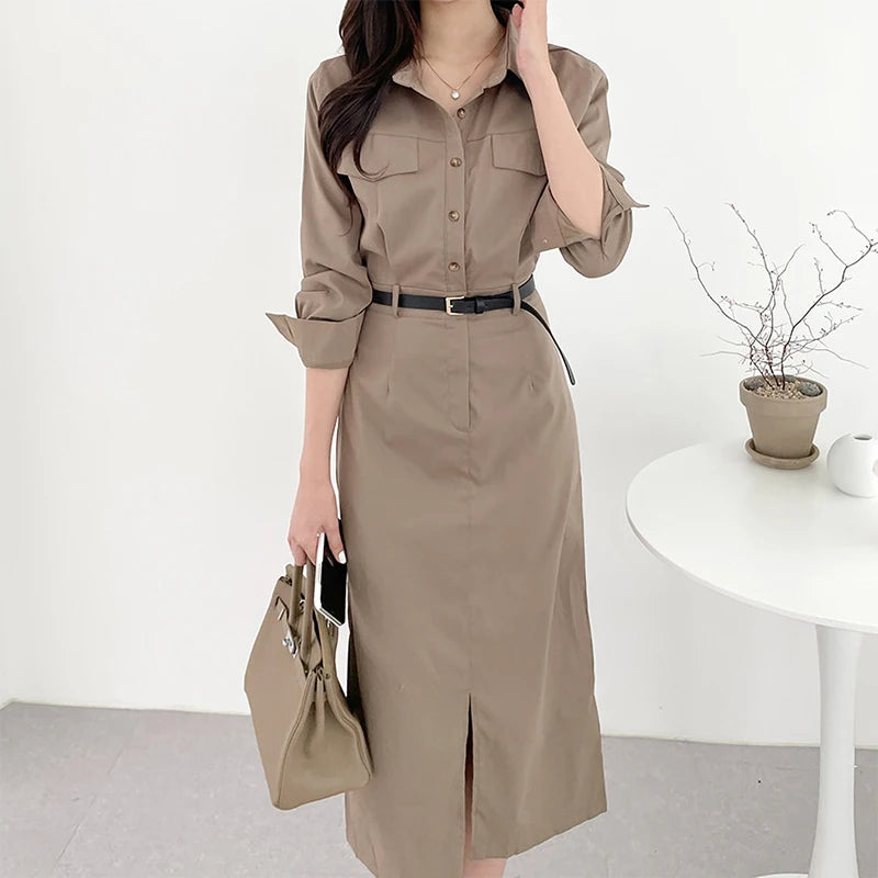 Office Dress Women Summer Long Sleeve Long Shirt Sundress