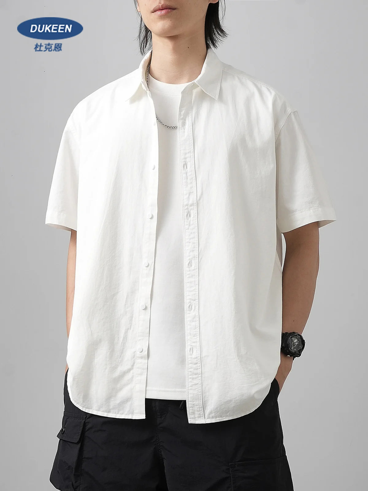 Cotton Shorts-Sleeve Summer Solid Color Turn-Down Collar Formal Shirts