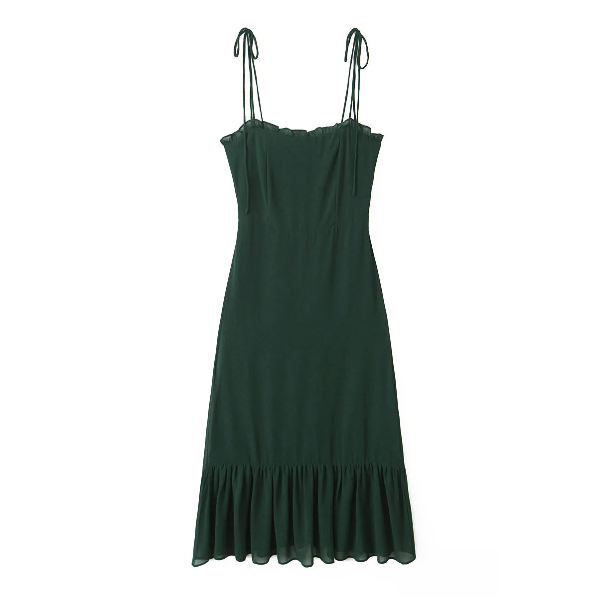 Retro French Wood ears V neck Plain Green Spaghetti Strap Midi Dress