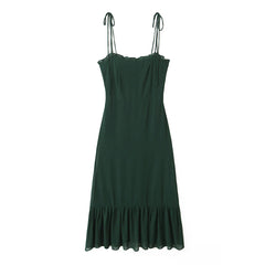 Retro French Wood ears V neck Plain Green Spaghetti Strap Midi Dress