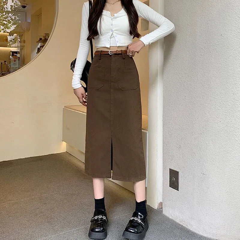 Long Fashion with Belt High Waist Split Straight Skirt All-Match