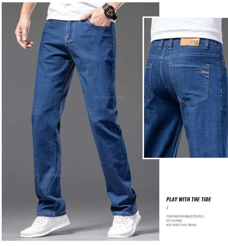 Plus Size Men's Thin Jeans Classic Straight Loose Elastic Denim Pants