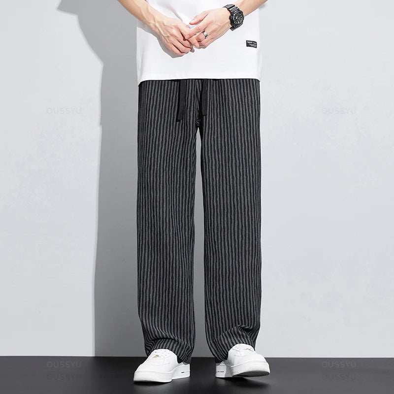 Summer Stripe Casual Pants Men Wear Loose Straight Wide Leg