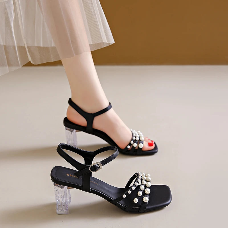 Heels Sandals 6.5cm Women Buckle Leather Summer