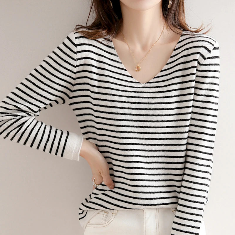 Striped V-neck Women's All-Match Loose Sweater