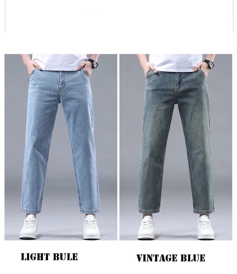 Straight Thin Jeans for Men Classic Style Stretch Ankle-Length Pants