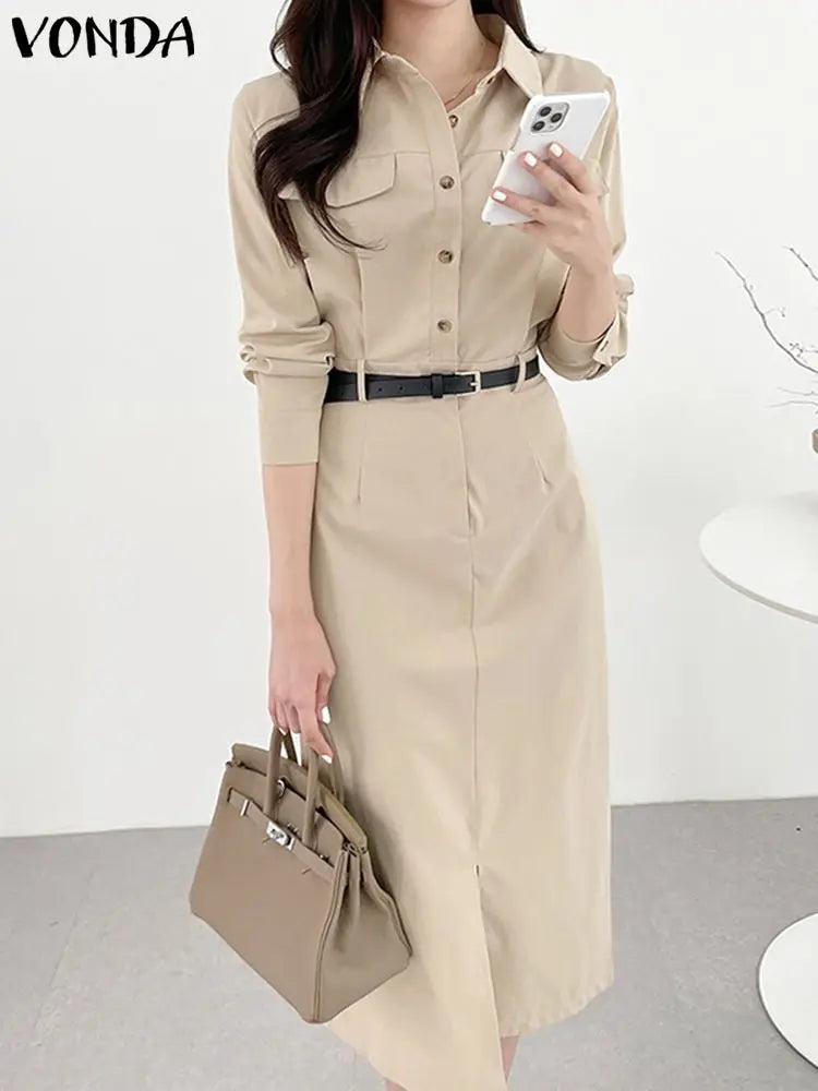 Office Dress Women Summer Long Sleeve Long Shirt Sundress