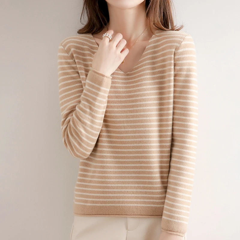 Striped V-neck Women's All-Match Loose Sweater