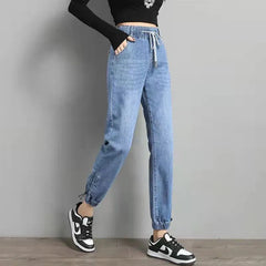Drawstring Ankle-length Loose Jogger Jeans Solid Color Streetwear
