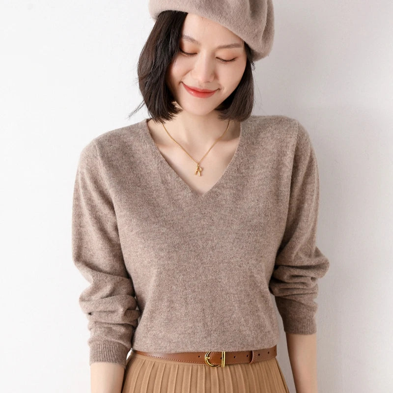 Pure Wool V-Neck Loose Pullover Sweater Basic Style All-Match Knitted