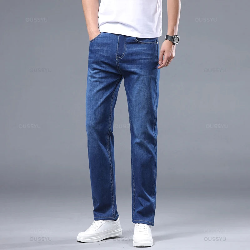 Men's Jeans Straight Blue Jean Casual Business Denim Trousers