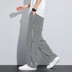 Summer Stripe Casual Pants Men Wear Loose Straight Wide Leg