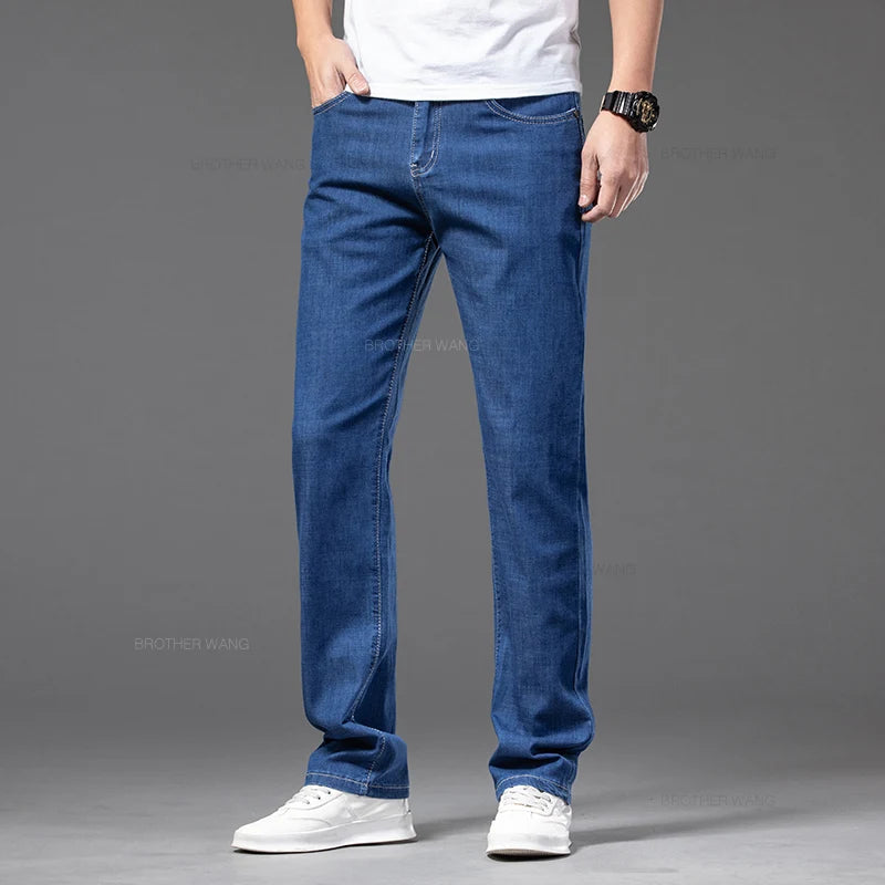 Plus Size Men's Thin Jeans Classic Straight Loose Elastic Denim Pants