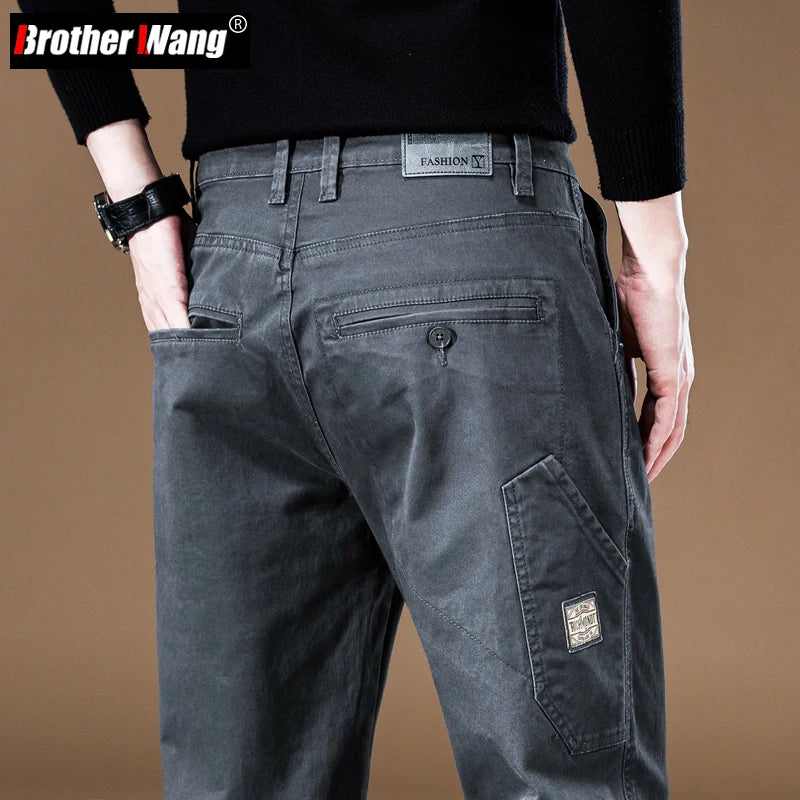 Brand Clothing Men's Cargo Pants Cotton Solid Color Work Wear Casual