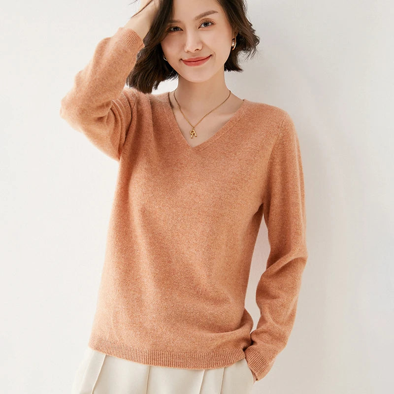 Pure Wool V-Neck Loose Pullover Sweater Basic Style All-Match Knitted