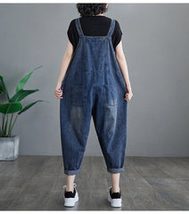 Woman Vintage Solid Color Denim Sleeveless Overalls