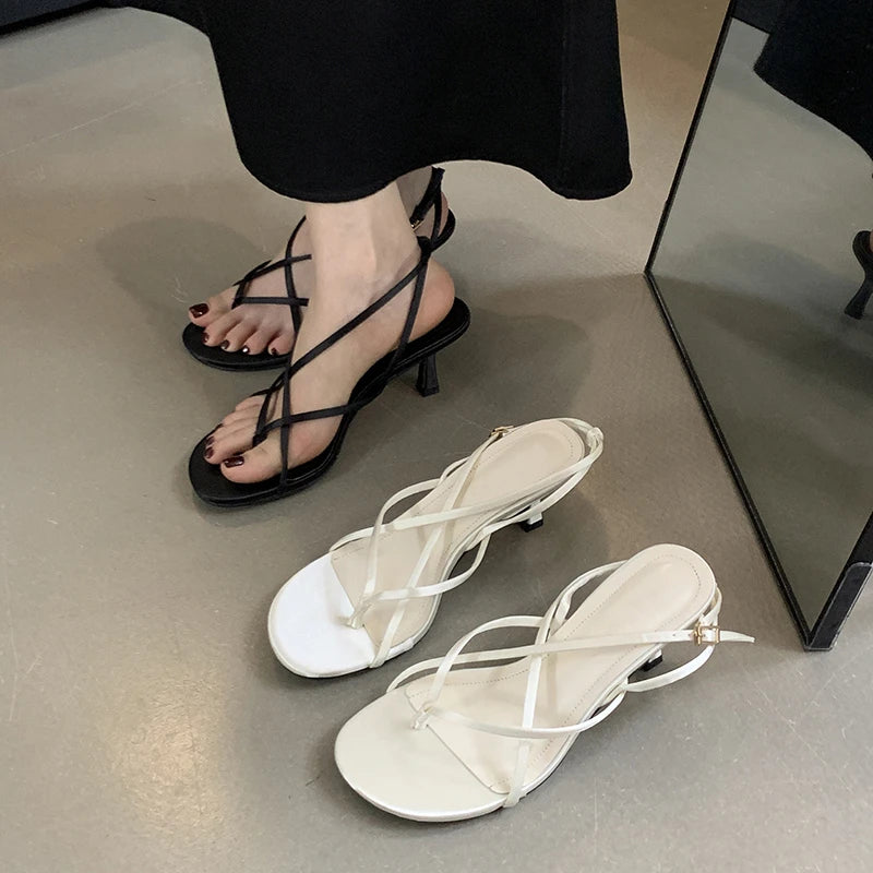 Street Style Square Clip Toe Narrow Band Thin Low Heels Women Sandals