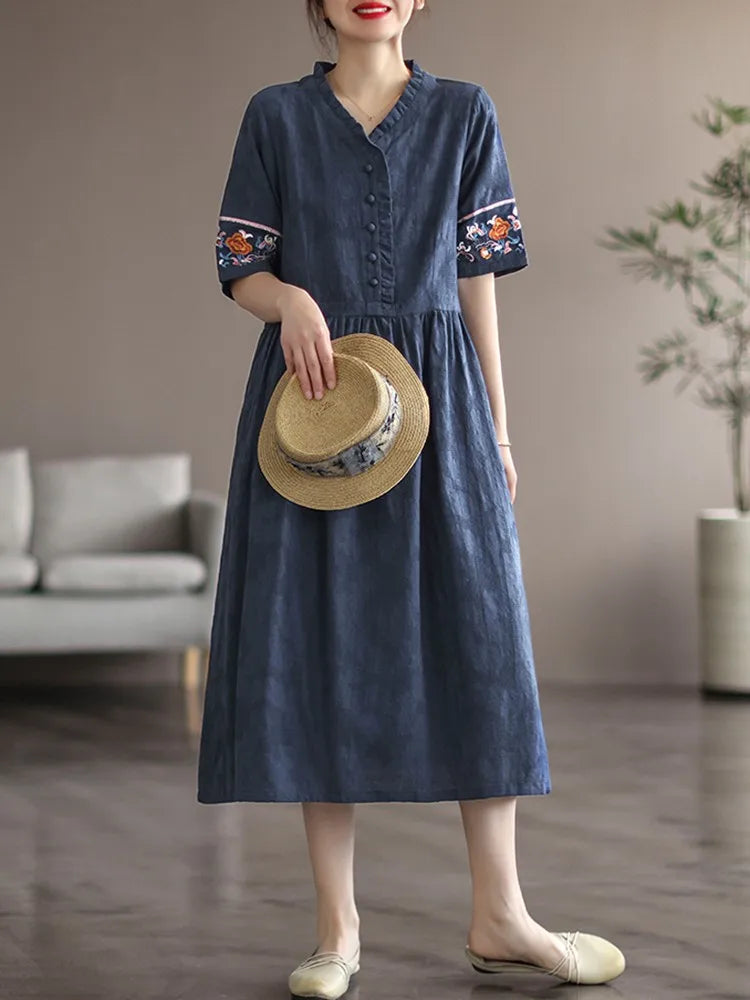 Women Cotton Linen Casual Dress Vintage Style V-neck Floral