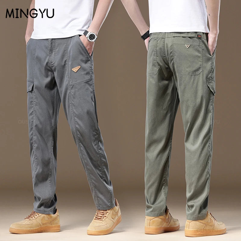 Men's Cargo Pants Thin Work Wear Elastic Waist Outdoors Jogger Casual Trousers